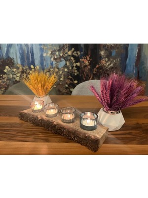 Özgürce Doğal Masif Meşe Ahşap 4'lü Dekoratif Mumluk Seti (Cam Hazneler Dahil)