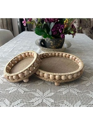 Özgürce Doğal Ahşap Boncuklu Rafya Hasır Tepsi ve Sepet Seti, 26 cm ve 17 cm