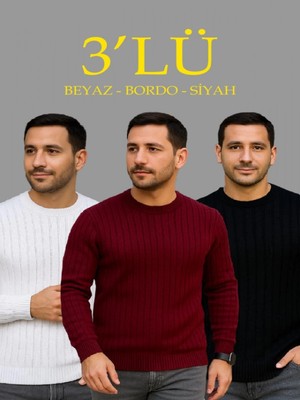 Efnaz Style Erkek Fitilli Triko Kazak 3lü Set Beyaz Bordo Siyah Regular Fit Bisiklet Yaka Triko Seti