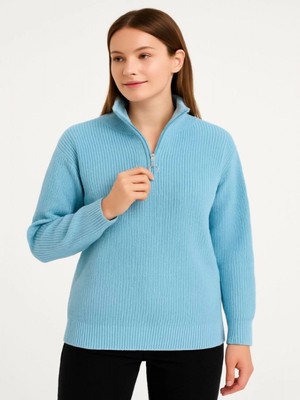Efnaz Style Kadın Yarım Fermuarlı Triko Kazak – Selanik Örgü, Dik Yaka, Pamuklu Dokuma, Oversize Uzun Kollu Kışlık Model - Bebe Mavisi