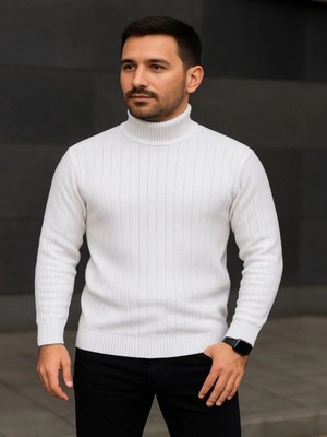 Efnaz Style Erkek Balıkcı Yaka Bağazlı Triko Kazak Pamuklu Kalın Fitilli Dokuma, Regular Fit Uzun Kollu Kışlık Model - Beyaz