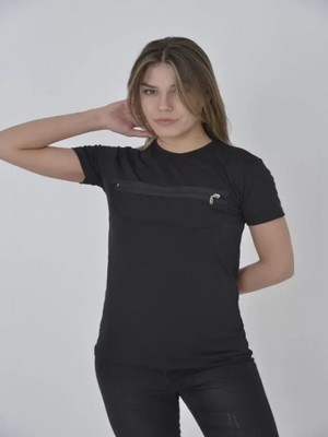 Efnaz Style Göğüste Fermuar Aksesuarlı Dar Kalıp T-Shirt - Siyah