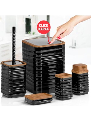 PremiumPort Luna 5'li Ahşap Siyah Banyo Seti, Şık ve Kullanışlı Tasarım