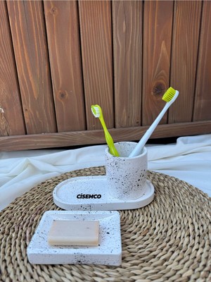 PremiumPort 3 Parça Beton Mermer Desenli Beyaz Banyo Seti, Sabunluk ve Diş Fırçalık