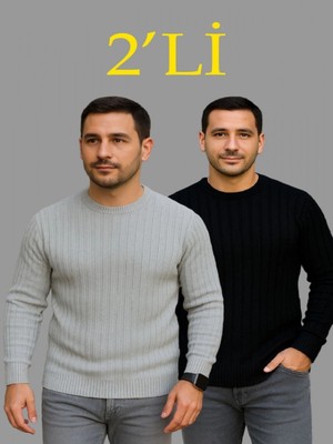 Efnaz Style Erkek Fitilli Triko Kazak 2’li Set – Siyah - Gri, Kalın Dokuma Pamuklu Regular Fit Bisiklet Yaka Uzun Kollu Rahat Kışlık Kazak Kombini
