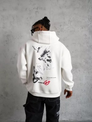 Efnaz Style Erkek Şapkalı Güvercin Baskılı Kapşonlu Sweat - Beyaz