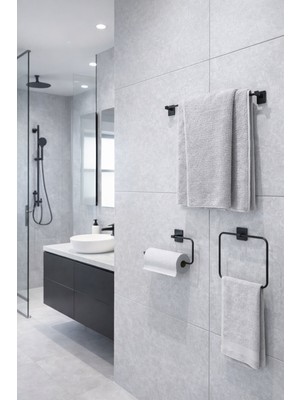 PremiumPort Şık Siyah Kare Banyo Seti, Uzun Havluluk, Halka ve Solo Havlulukler