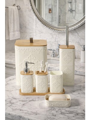 PremiumPort 7 Parça Desenli Kare Bambu Banyo Seti, Beyaz, 8 Litre, Şık ve Kullanışlı