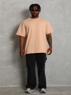 Efnaz Style Unisex Oversize Düz Bisiklet Yaka T-Shirt - Bej