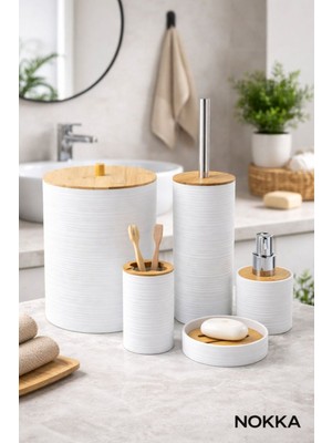 PremiumPort 5 Parça Bambu Detaylı Akrilik Banyo Seti, Sabunluk ve Aksesuarlar