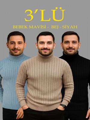 Efnaz Style Erkek Fitilli Triko Kazak 3lü Set Bebek Mavisi Bej Siyah Regular Balıkcı Yaka Tam Boğazlı Triko Seti Modeli Kazak