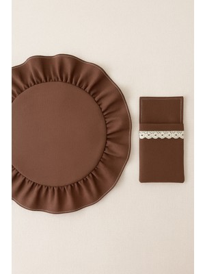 Özgürce Kahverengi Keten Fırfırlı Supla ve Dantelli Kaşıklık Seti, 40 Cm, 2 Parça