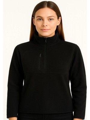 Efnaz Style Polar Kazak – Dik Yaka, Yarım Fermuarlı, Fermuarlı Göğüs Cepli, Siyah Biyeli, Kışlık Rahat Regular Fit Günlük Model - Siyah