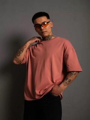 Efnaz Style Erkek 24/1 Düz A Kalite Oversize T-Shirt - Gül Kurusu