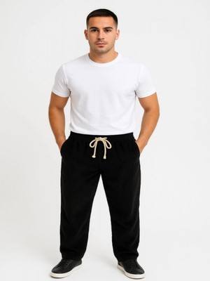 Efnaz Style Erkek Fitilli Kadife Cepli Buggy Pantolon Oversize Rahat Kalıp - Siyah