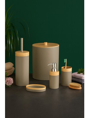 PremiumPort Bambu Desenli 5'li Banyo Seti Çöp Kovası, Sıvı Sabunluk ve Diş Fırçalık