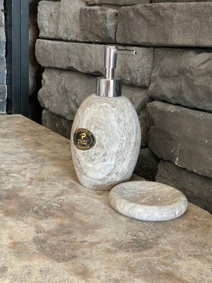 PremiumPort Şık Oval Silver Traverten Sıvı ve Katı Sabunluk Seti, Modern Dekorasyon