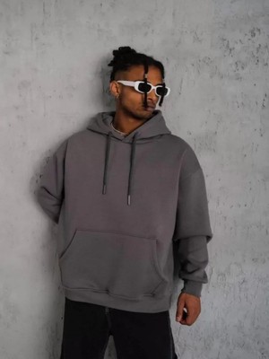 Efnaz Style Erkek Düz Kapüşonlu Sweat - Gri