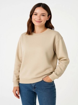 Efnaz Style Üç Iplik Düz Bisiklet Yaka Sweatshirt - Bej