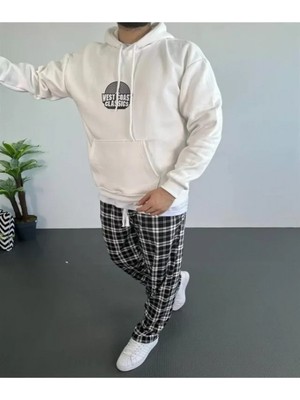 Efnaz Style Erkek Baskılı Üç Iplik Kapüşonlu Oversize Sweatshirt - Beyaz