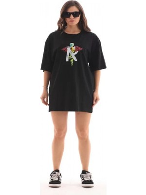 Efnaz Style Unisex Bisiklet Yaka Baskılı Oversize T-Shirt - Siyah
