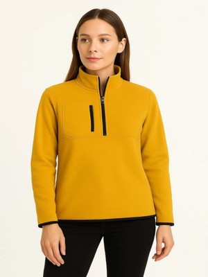 Efnaz Style Polar Kazak – Dik Yaka, Yarım Fermuarlı, Fermuarlı Göğüs Cepli, Siyah Biyeli, Kışlık Rahat Regular Fit Günlük Model - Sarı
