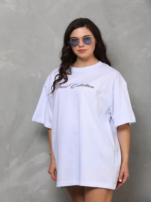 Efnaz Style Unisex Bisiklet Yaka Baskılı Oversize T-Shirt - Beyaz