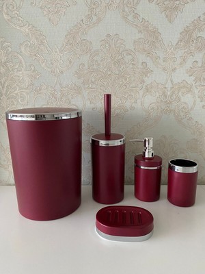 PremiumPort 5 Parça Mat Kırmızı Gümüş Banyo Seti, Şık ve Modern Tasarım