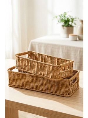 Özgürce Iki Parçalı Dikdörtgen Hasır Rattan Organizer Sepet Seti