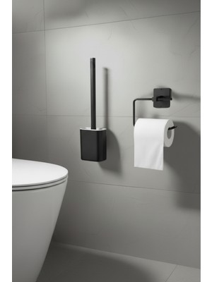 PremiumPort Pratik 2'li Banyo Seti: Siyah Yapışkanlı Tuvalet Fırçası ve Kağıtlık
