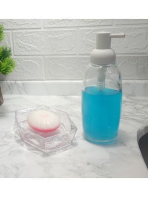 PremiumPort Şeffaf Pompali Cam Sıvı Sabunluk ve Sabunluk 2'li Banyo Seti