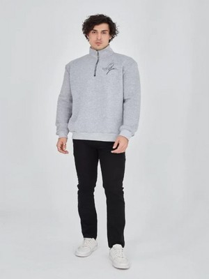 Efnaz Style Erkek Yarım Fermuarlı Baskılı Sweat - Gri