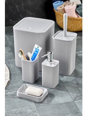 PremiumPort Modern 5 Parça Kare Banyo Seti: Çöp Kovası, Wc Fırçası, Sabunluk, Diş Fırçası