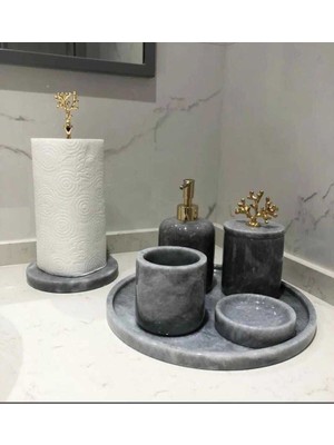 PremiumPort Şık Gri Mermer Banyo Seti, Zarif ve Dayanıklı Tasarım