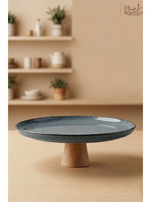 Özgürce Mavi Ahşap Yuvarlak Ayaklı Servis ve Sunum Tabağı 27 cm