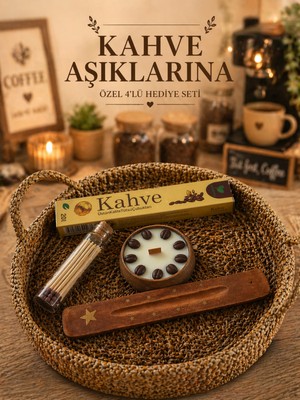 Özgürce Kahve Kokulu 4’lü Aromaterapi Hediye Seti, Mum, Tütsü ve Kibrit ile