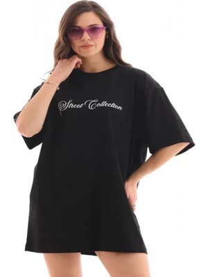 Efnaz Style Unisex Bisiklet Yaka Baskılı Oversize T-Shirt - Siyah