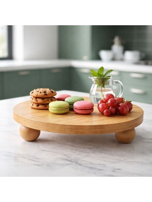 Özgürce Bambu Top Mantar Ayaklı Yuvarlak Sunum Tabağı 25X25 Cm, Şık Pasta & Tatlı Servisi