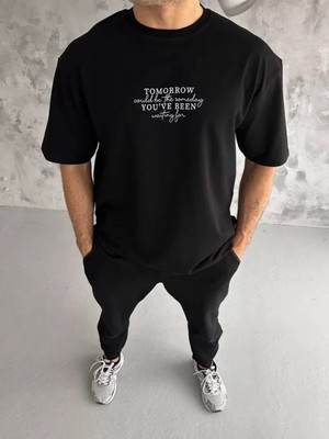 Efnaz Style Unisex Bisiklet Yaka Baskılı Oversize T-Shirt - Siyah