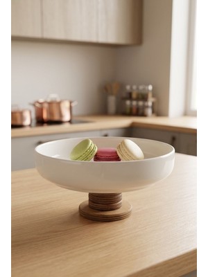 Özgürce Ahşap Ayaklı Seramik Sunum ve Salata Kasesi 19X10X3,5 cm