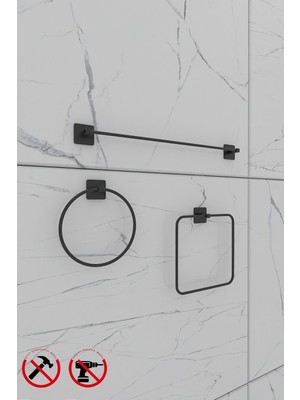 PremiumPort Şık Kare Tasarımlı Banyo Aksesuar Seti, Uzun Havluluk ve Halka