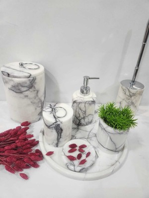PremiumPort Şık ve Dayanıklı Mermer Banyo Seti, 7 Parça, Modern Tasarım