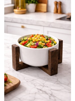 Özgürce Beyaz Ahşap Ayaklı Porselen Kase 14 Cm, Şık ve Zarif Tasarım