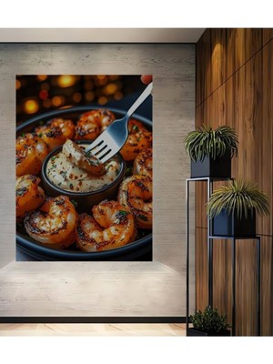 Özgürce Lezzetli Karides Temalı Yağlı Boya Görünümlü Ahşap Dekorasyon Tablosu