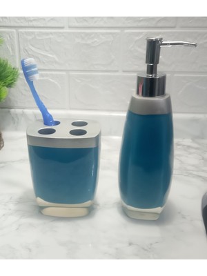 PremiumPort Şık 2'li Banyo Seti, Sıvı Sabunluk ve Diş Fırçalık, Gri ve Mavi