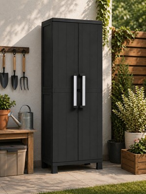 Csb Store Dayanıklı Plastik Dolap 2 Kapaklı 3 Raflı | Balkon Banyo Bahçe Organizer Siyah 65X37X173