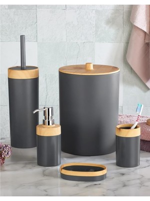 PremiumPort Bambu Desenli Yuvarlak 5'li Banyo Seti, Şık ve Doğal Tasarım