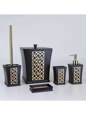 PremiumPort Şık Siyah Altın Mirage Polyester 5 Parça Banyo Seti