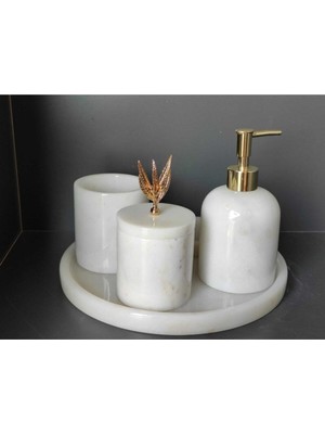 PremiumPort Beyaz Mermer 5'li Banyo Seti, Gold Zeytin Dalı Aksesuarları