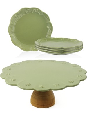 Özgürce Fiori 5 Parça Ahşap Ayaklı Kek ve Pasta Seti, 30CM ve 21CM